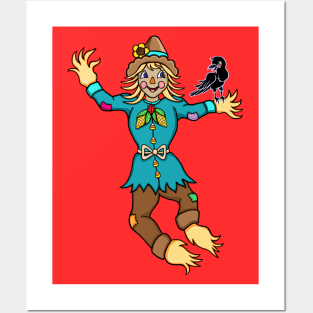 Cute Dancing Scarecrow and Crow Posters and Art